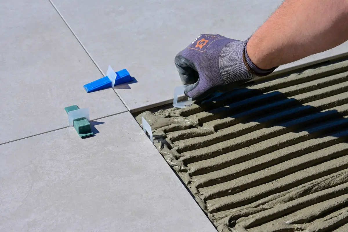 Pose de carreaux de sol dans une pièce en cours de rénovation